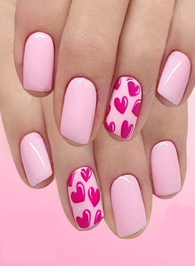 OSTTMA 24Pcs Pink Heart Press on Nails Short Square Fake Nails Valentine Nail Tips Cute Glossy Heart Glue on Nail Full Cover Valentines Stick on Nails for Women Manicure - Image 1